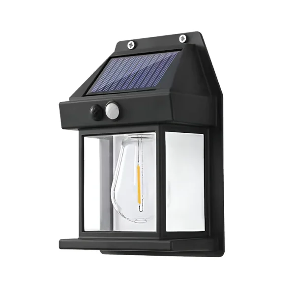 Lampa Solara de Perete LED Tip Felinar, senzor de miscare 5-8 metri, fara fir, 3 moduri de iluminare, protectie IP65, exterior, negru