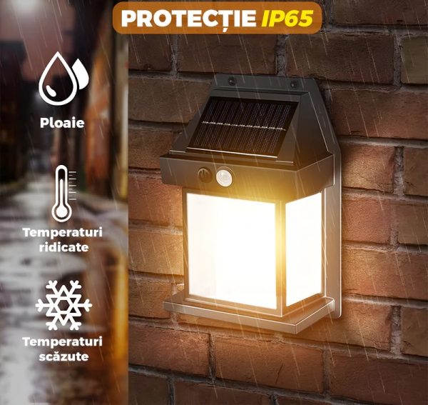 Lampa Solara de Perete LED Tip Felinar, senzor de miscare 5-8 metri, fara fir, 3 moduri de iluminare, protectie IP65, exterior, negru