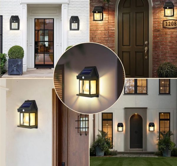 Lampa Solara de Perete LED Tip Felinar, senzor de miscare 5-8 metri, fara fir, 3 moduri de iluminare, protectie IP65, exterior, negru
