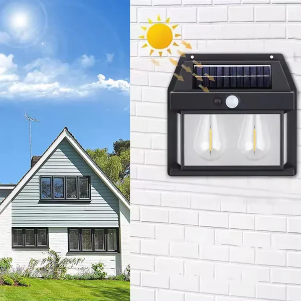 23-25 2 Lampa Solara de Perete, 2 Becuri LED Tip Felinar, senzor de miscare 5-8 metri, fara fir, 3 moduri de iluminare, protectie IP65, exterior, negru