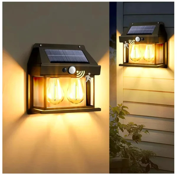 23-25 3 Lampa Solara de Perete, 2 Becuri LED Tip Felinar, senzor de miscare 5-8 metri, fara fir, 3 moduri de iluminare, protectie IP65, exterior, negru